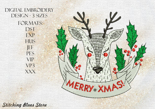 Merry Christmas Deer machine embroidery design